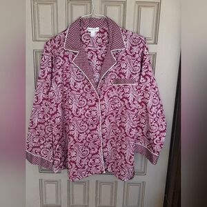 Miss Elaine Pajama Top SzL Poly/Cotton Red Paisley Long Sleeve Pocket Piping